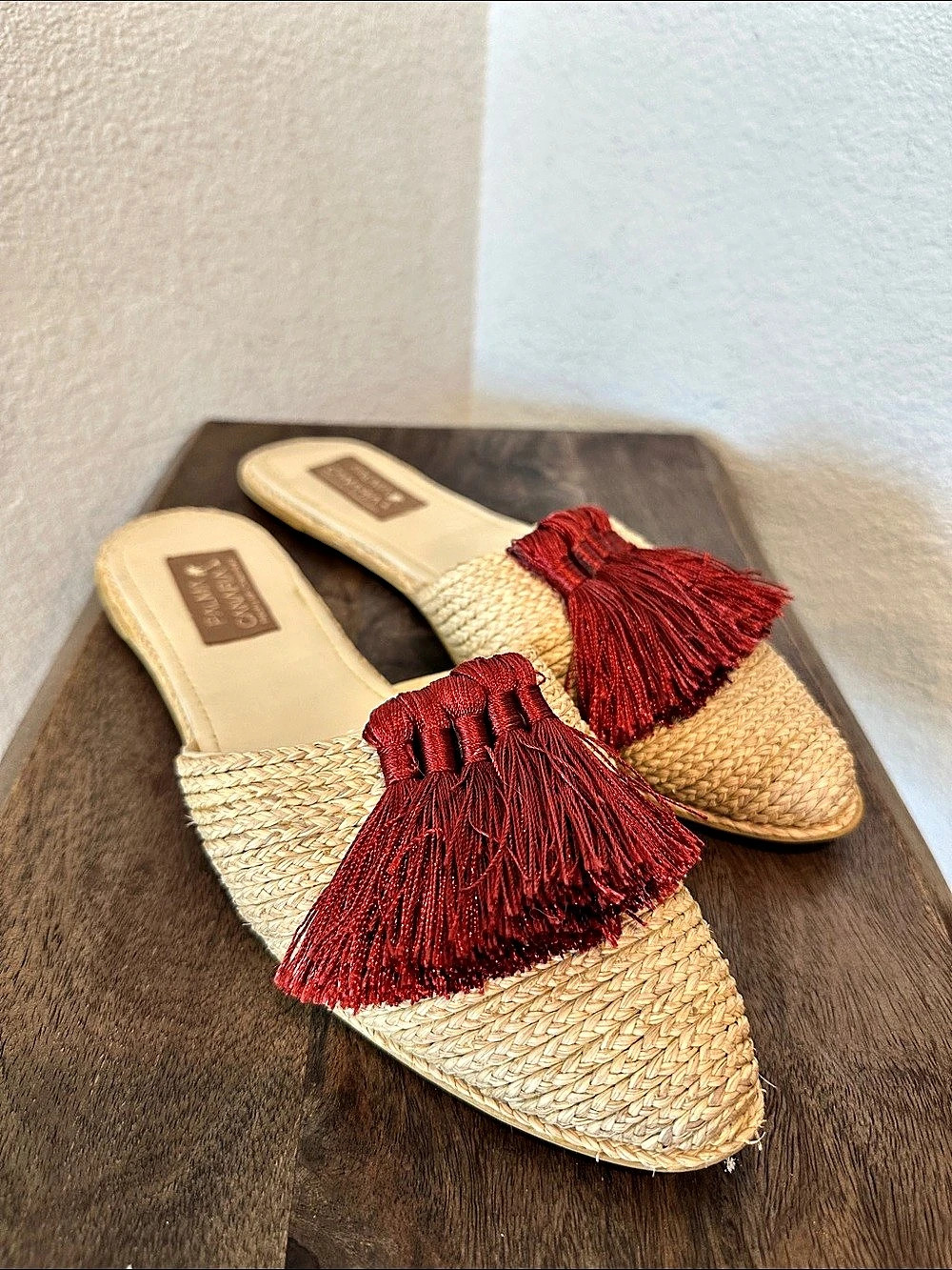 Palma Canaria Red Fringe Tassel Straw Mules Slides Sandal Straw Size 9 Brand New
